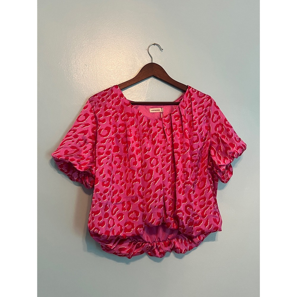 ANDTHEWHY Los Angeles Pink Leopard Print Puff Sleeve Bubble Hem Blouse Top M